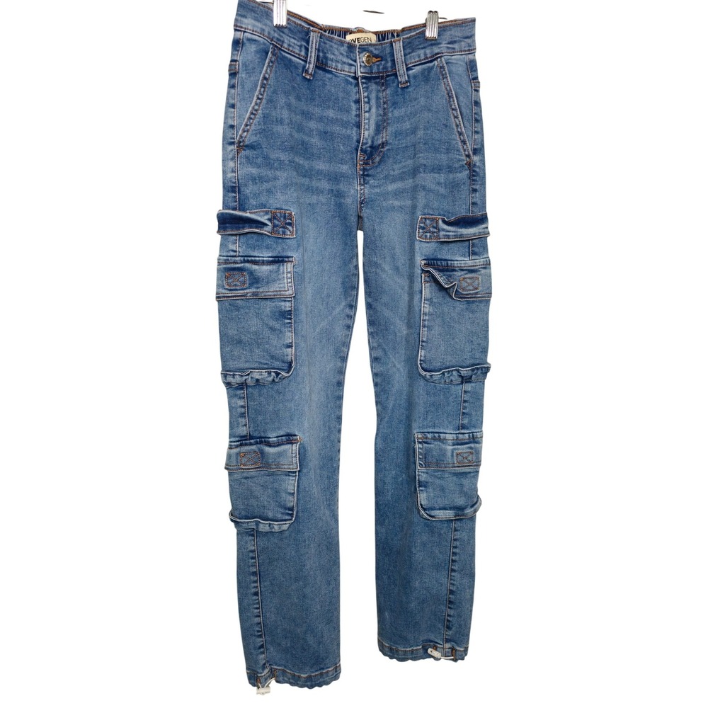 LOVEGEN Denim Cargo Pants Blue Wash Pockets Stretchy Size 3/27 EUC